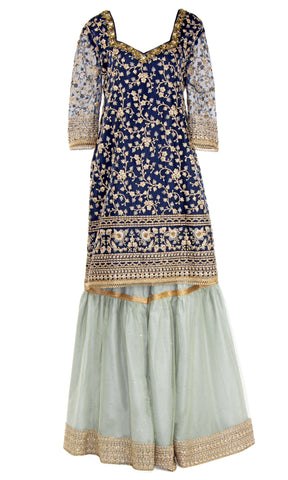 Gorgeous navy silk top paired with a gray palazzo pant