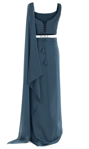 Ready-made navy faux georgette Saree with sleeveless top & Matching petticoat, adjustable Blouse