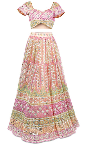 Multi-colored pastel  lehenga outfit covered in beautiful embroidery and mirror work.