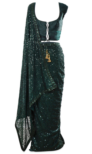 Dark green saree with Matching petticoat, front and the back has tie strings to adjust sizing!