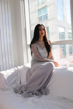 Silver lehenga with a gray top, see through silver cover & embroidered dupatta