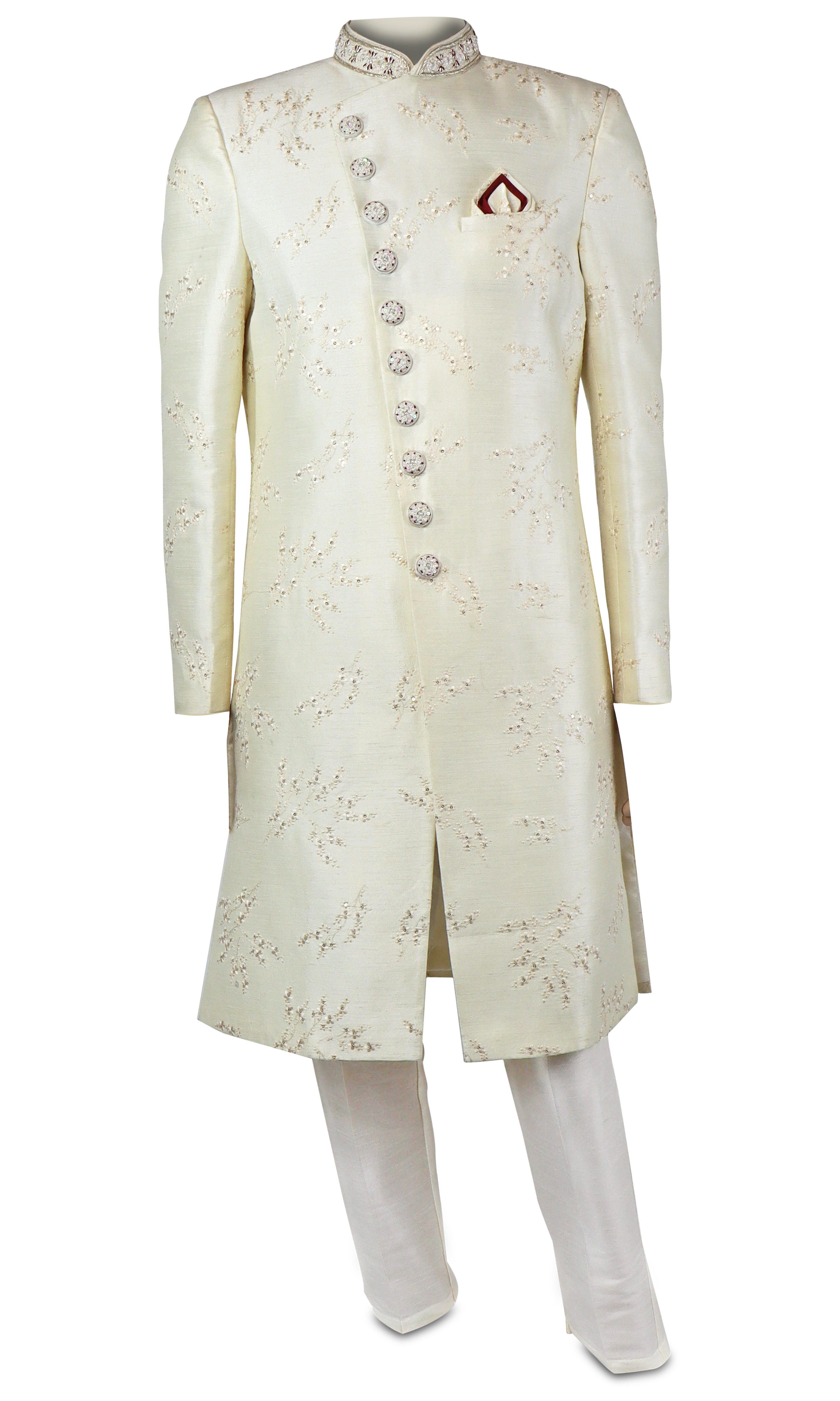 Off-White Sherwani suit is covered in delicate while, gold, and red embroidery.