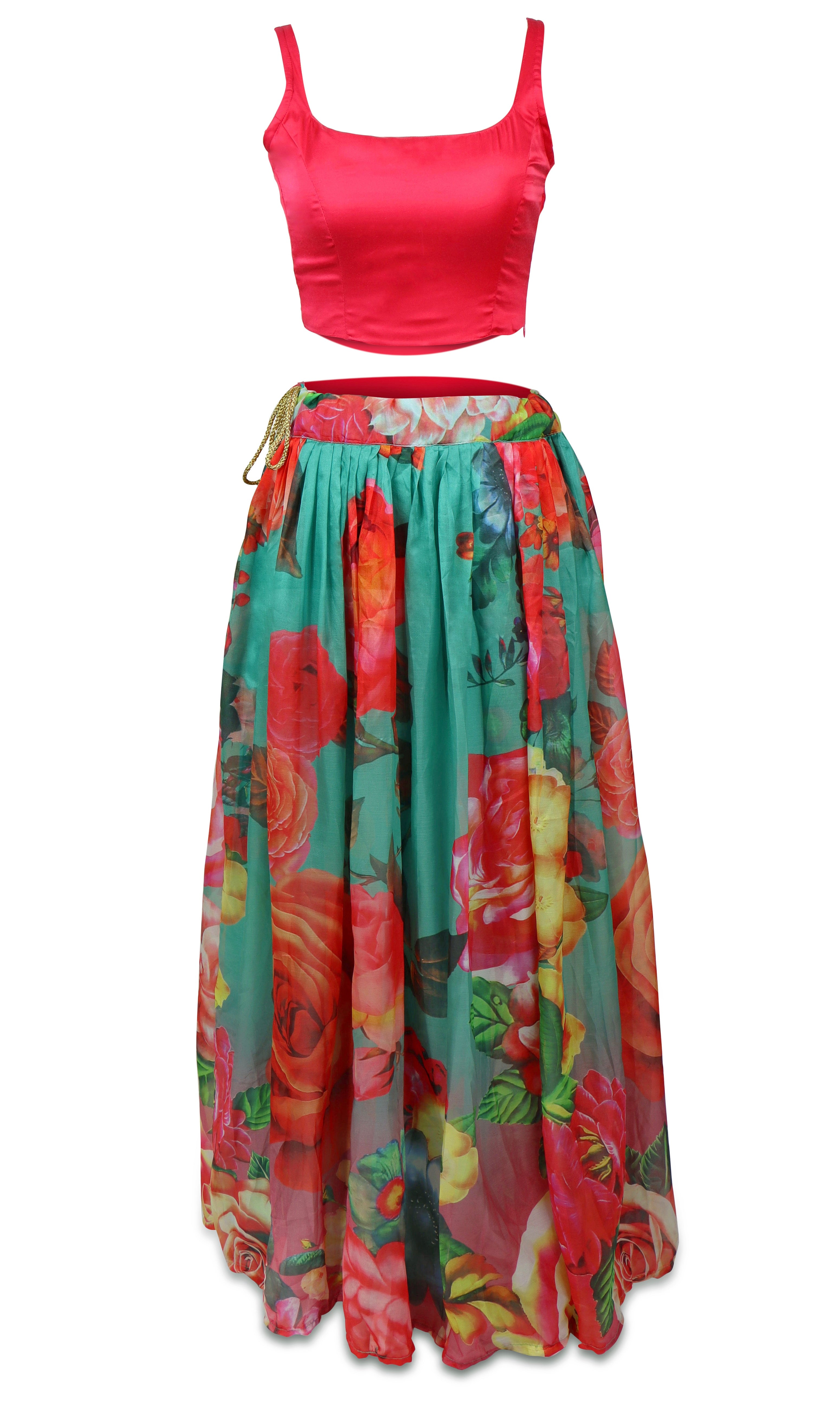 Light & flowing floral lehenga with plain hot pink or a gold sequined  are the two choices for a blouse.