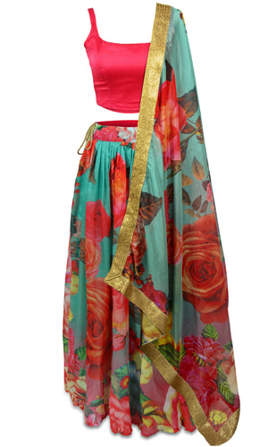 The two blouse alternatives for this lehenga are a lightweight hot pink and a bright pink crop top.