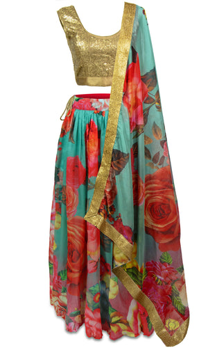 Lightweight hot pink crop top or simple bright pink crop top are the two blouse options for this lehenga.