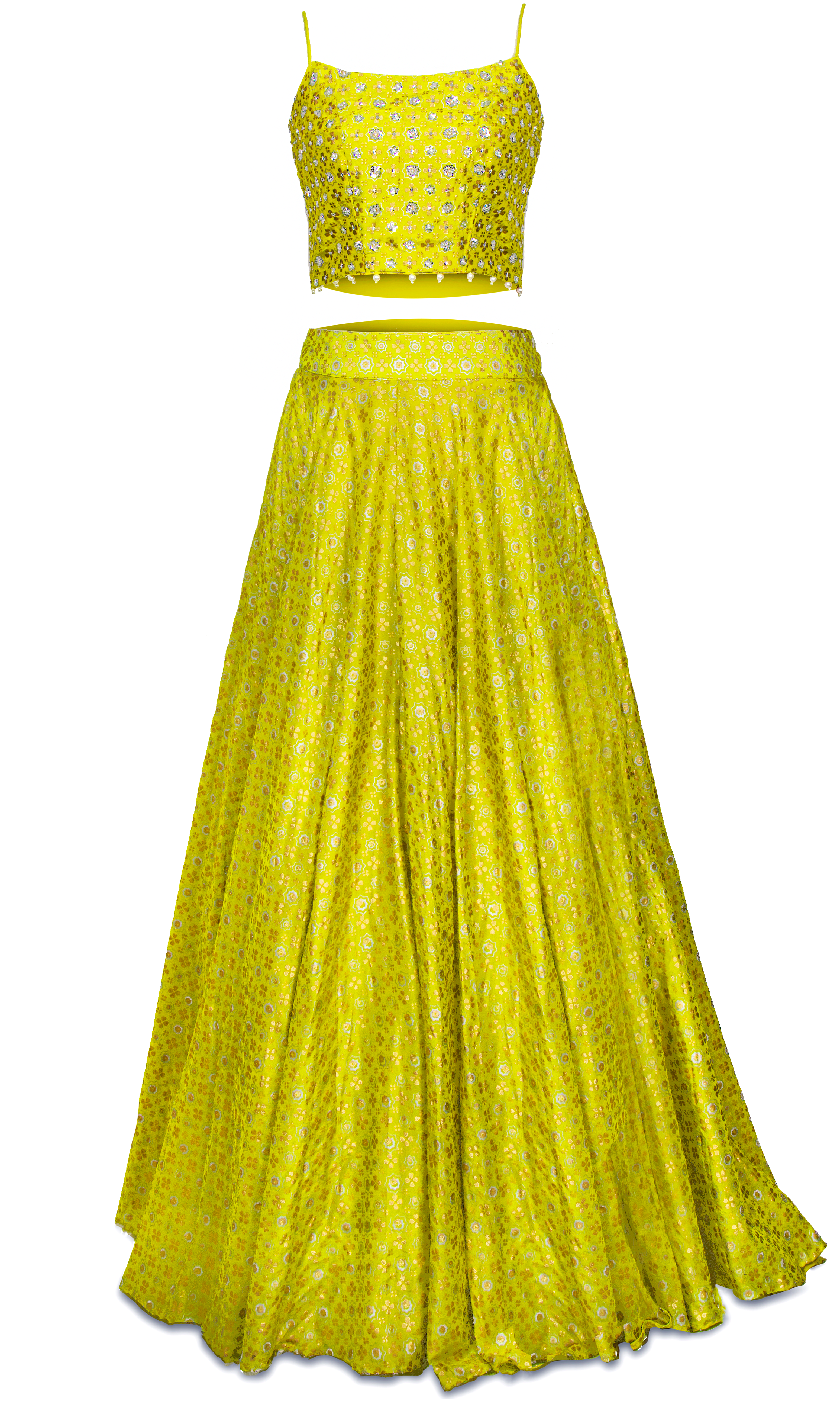 Gorgeous  lehenga with yellow color and strappy crop top that has a blended silk base.