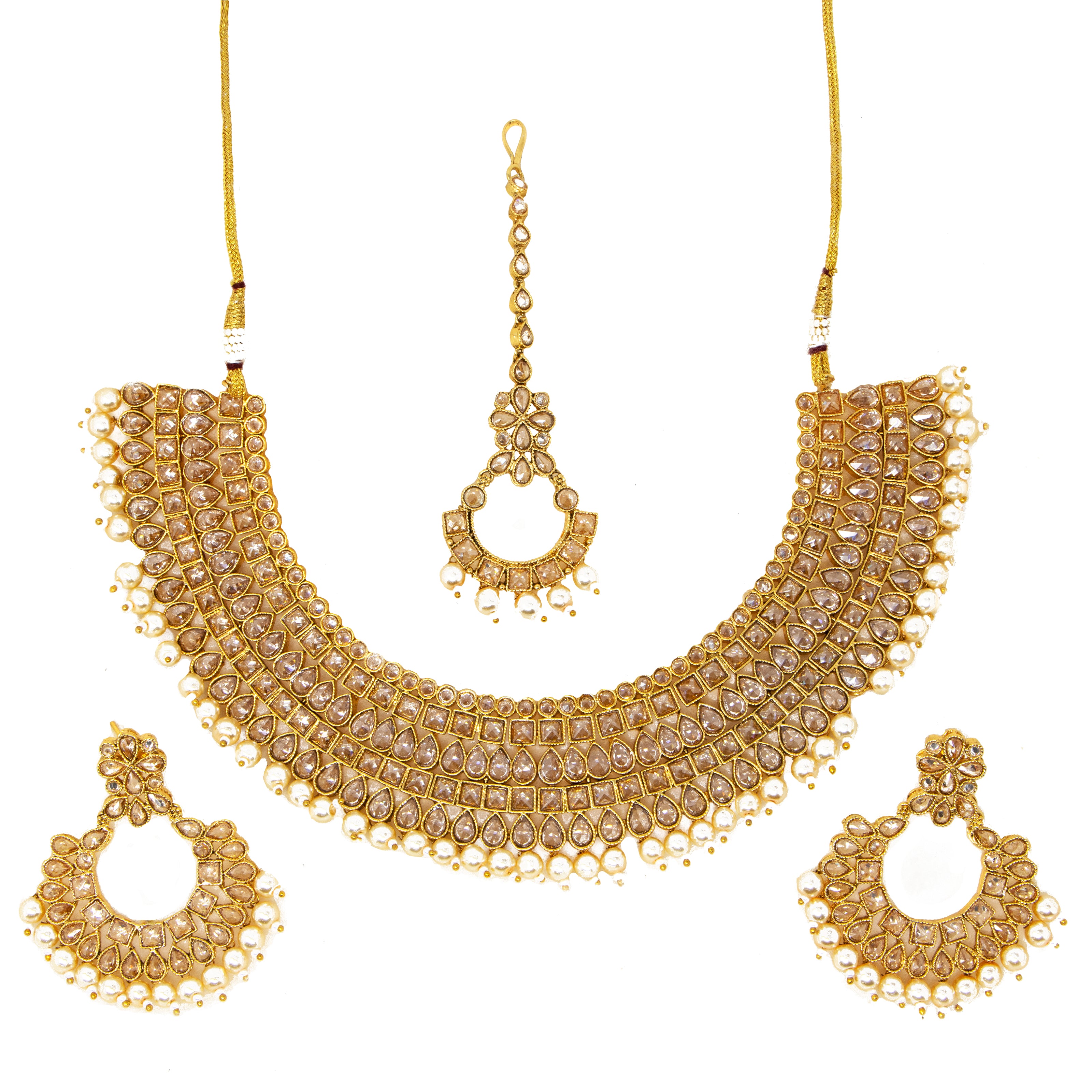 Gold 3 piece jewelry set- Necklace, earrings,& bindi with crystals, & beads