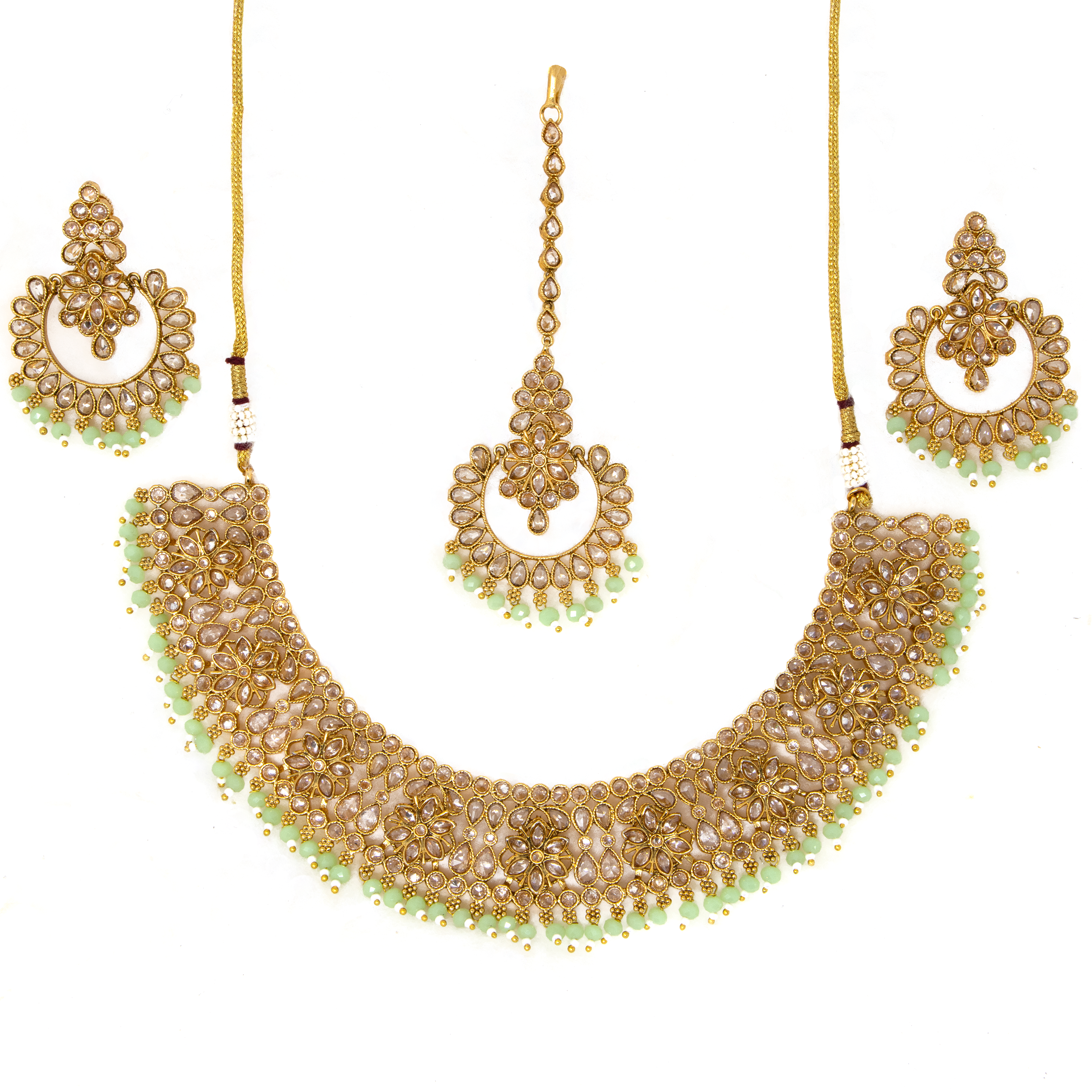 Gold/mint green jewelry set- Necklace, earrings,& bindi covered in clear crystals, mint green beads, & mini pearls