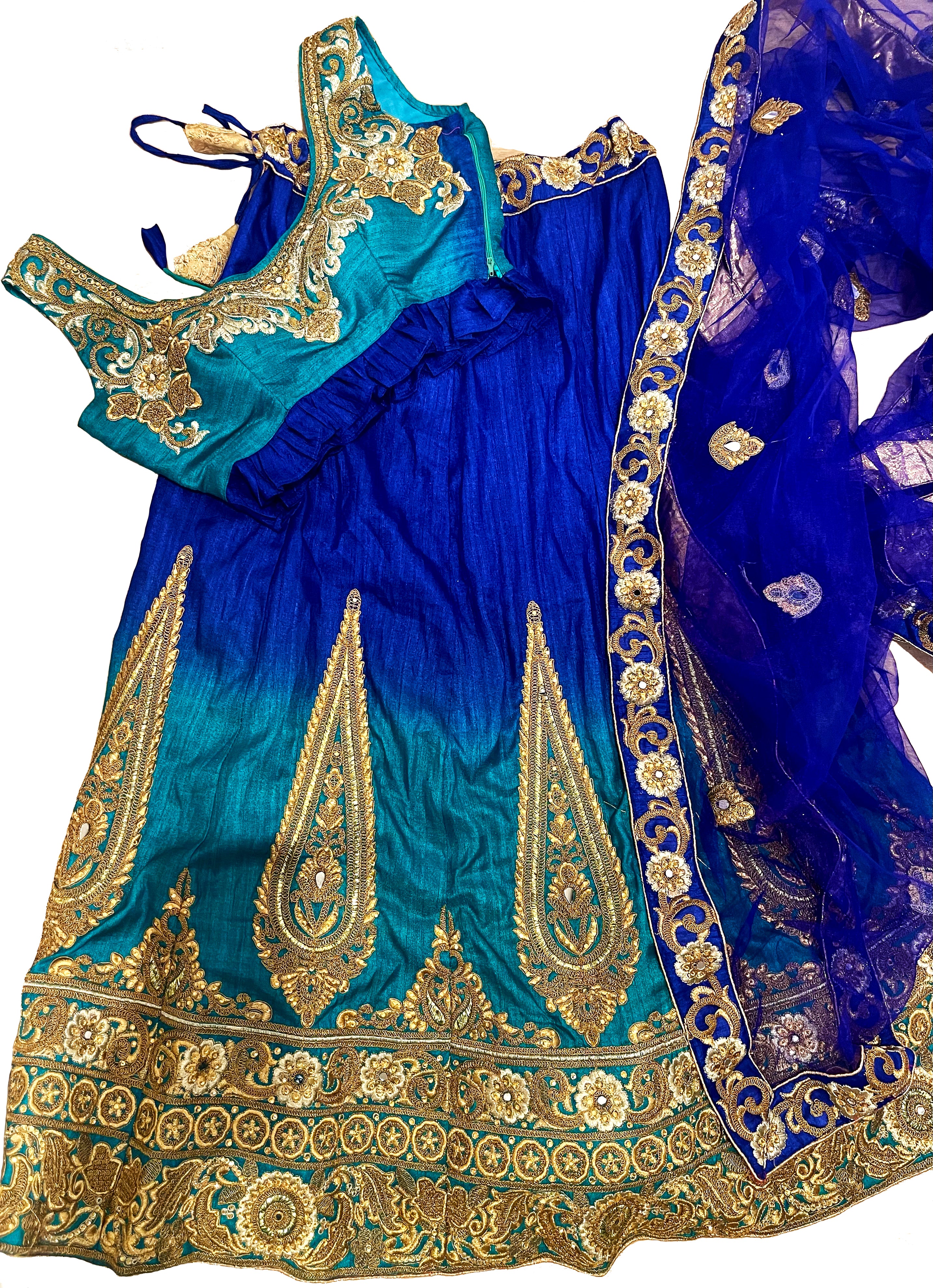 Stunning Blue Ombre color lehenga with gold embroidery & has corset style blouse