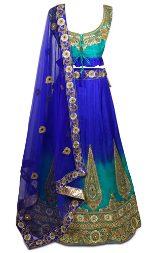 Blue Ombre color lehenga decorated with gold embroidery & has corset style blouse