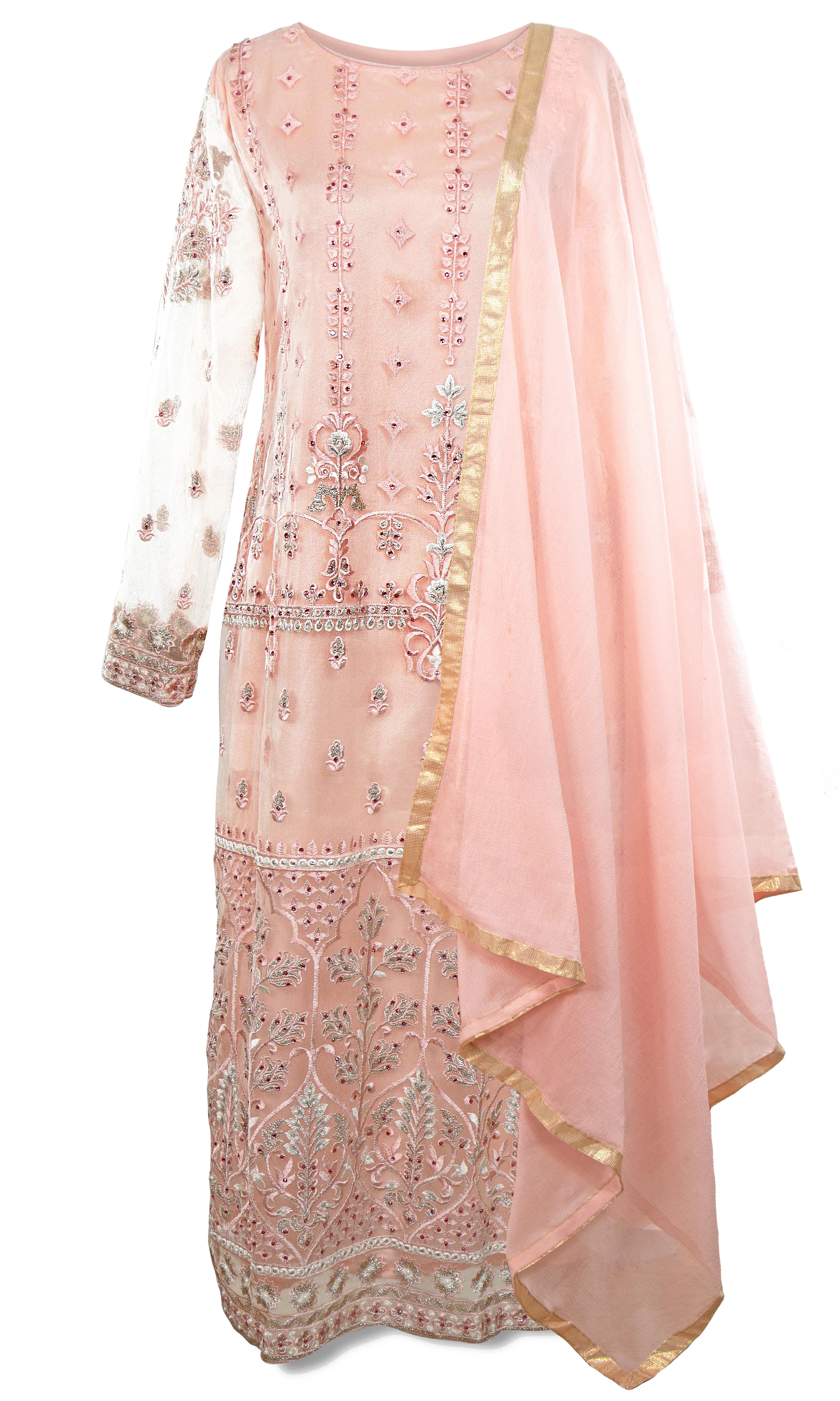 This beautiful pink net palazzo suit is embroidered with floral patterns and motifs on the kameez.