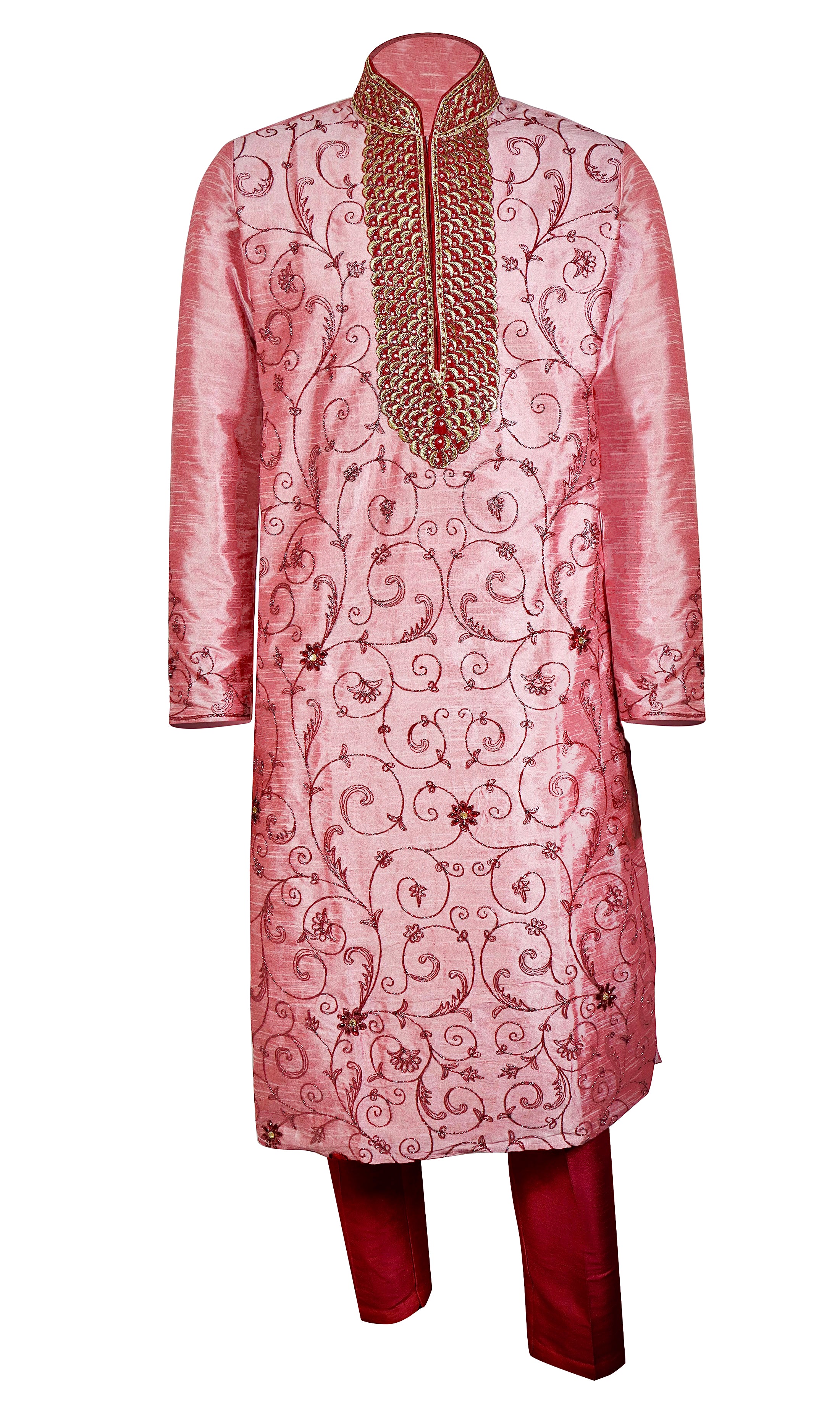 real men wear pink embroidered with intricate red beaded designs