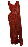 Red georgette Saree is pre-stitched, petticoat is included. You'll be the queen of hearts all night.