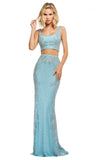 Light blue mermaid-style lehenga by Sherri Hill with silver beads long skim skirt & sleeveless crop top