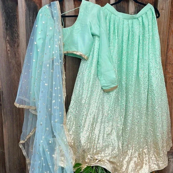 Sky blue Lehenga gold sequin embroidery at the borders of the blouse and dupatta!