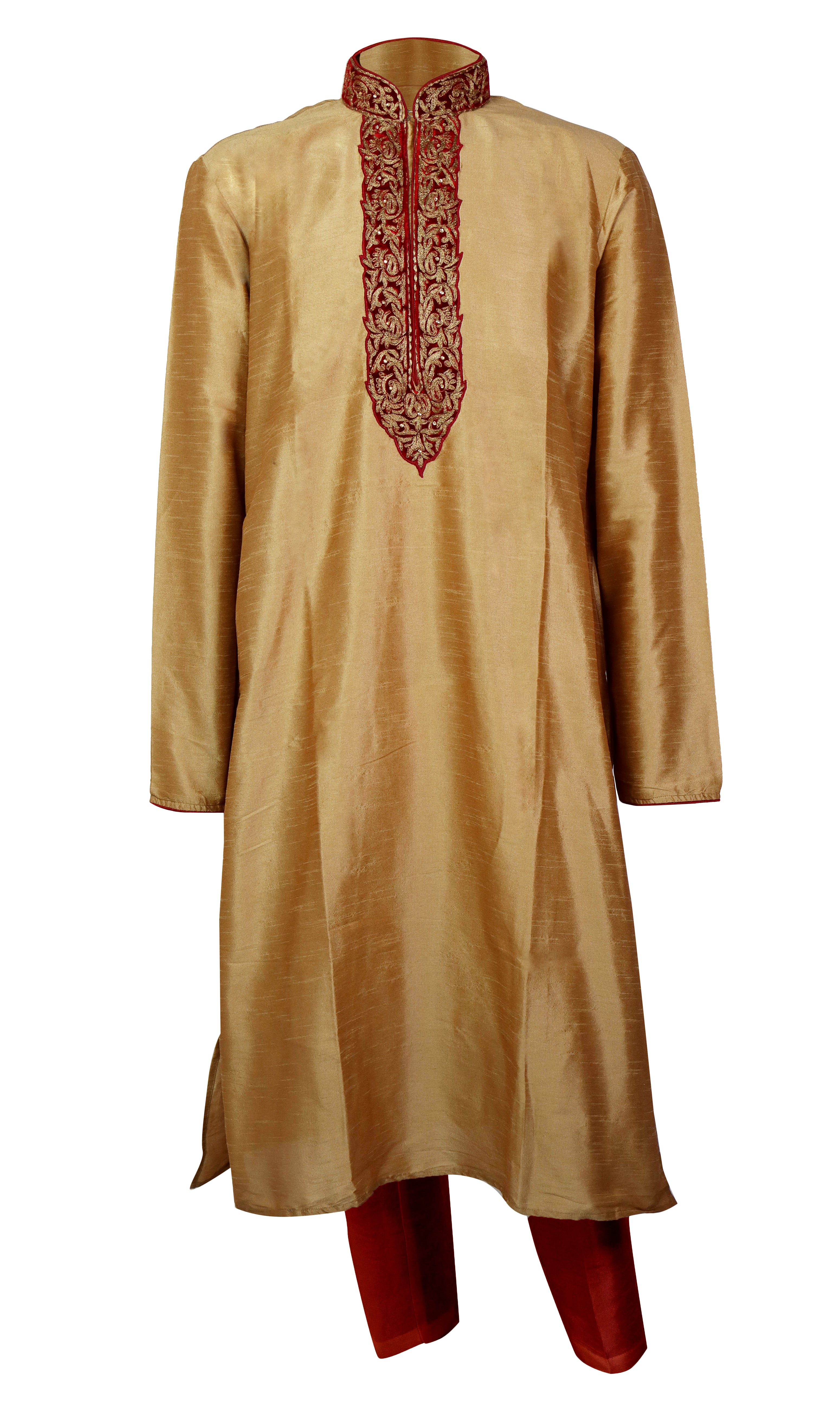 Classic dark gold silk Kurta with charming red and gold threadwork through the center. Everyone will be watching you in this outfit!