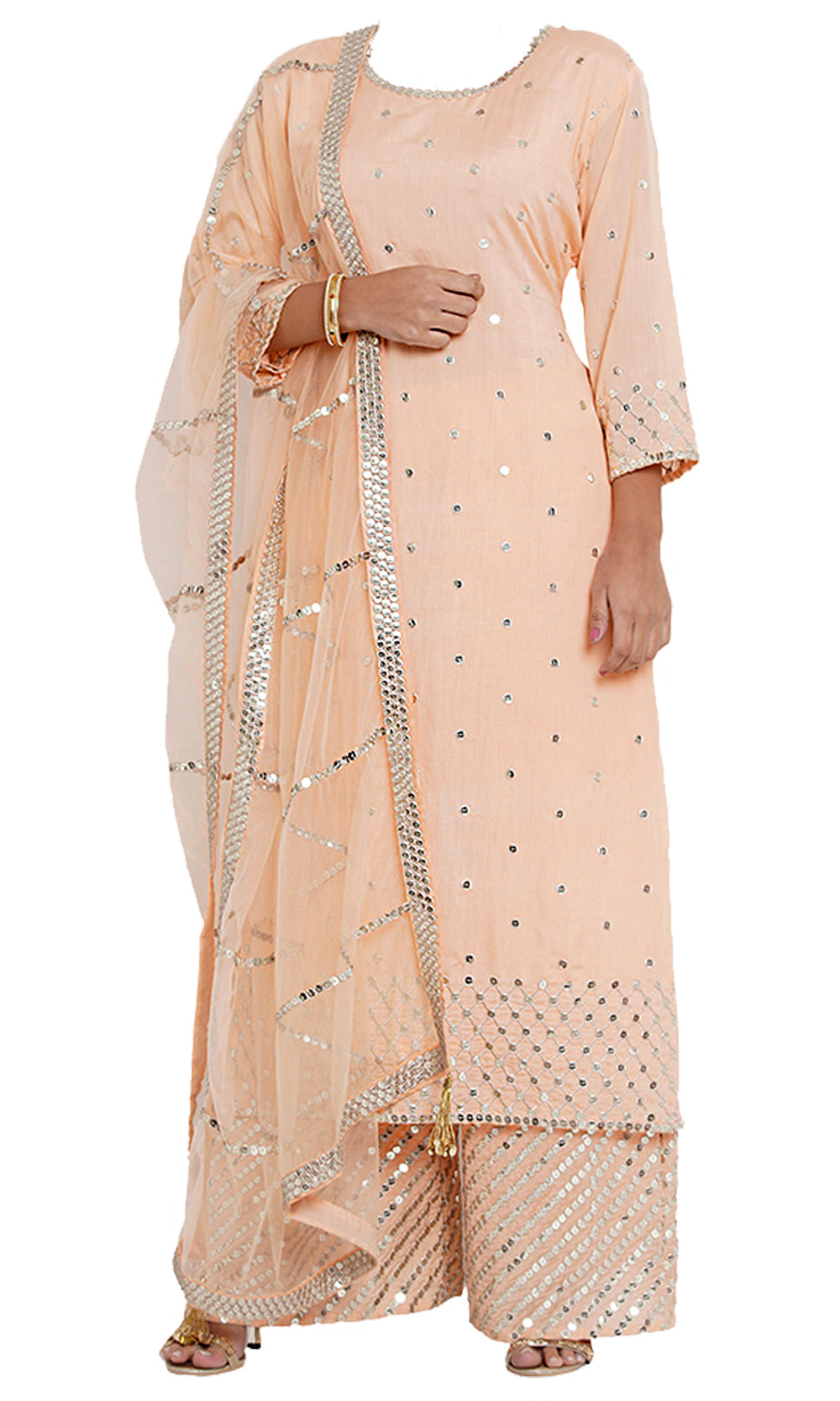 Peach palazzo suit embroidered with mirror work, this peach of you in this gorgeous, elegant pant suit!