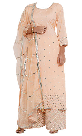 Peach palazzo suit embroidered with mirror work, this peach of you in this gorgeous, elegant pant suit!