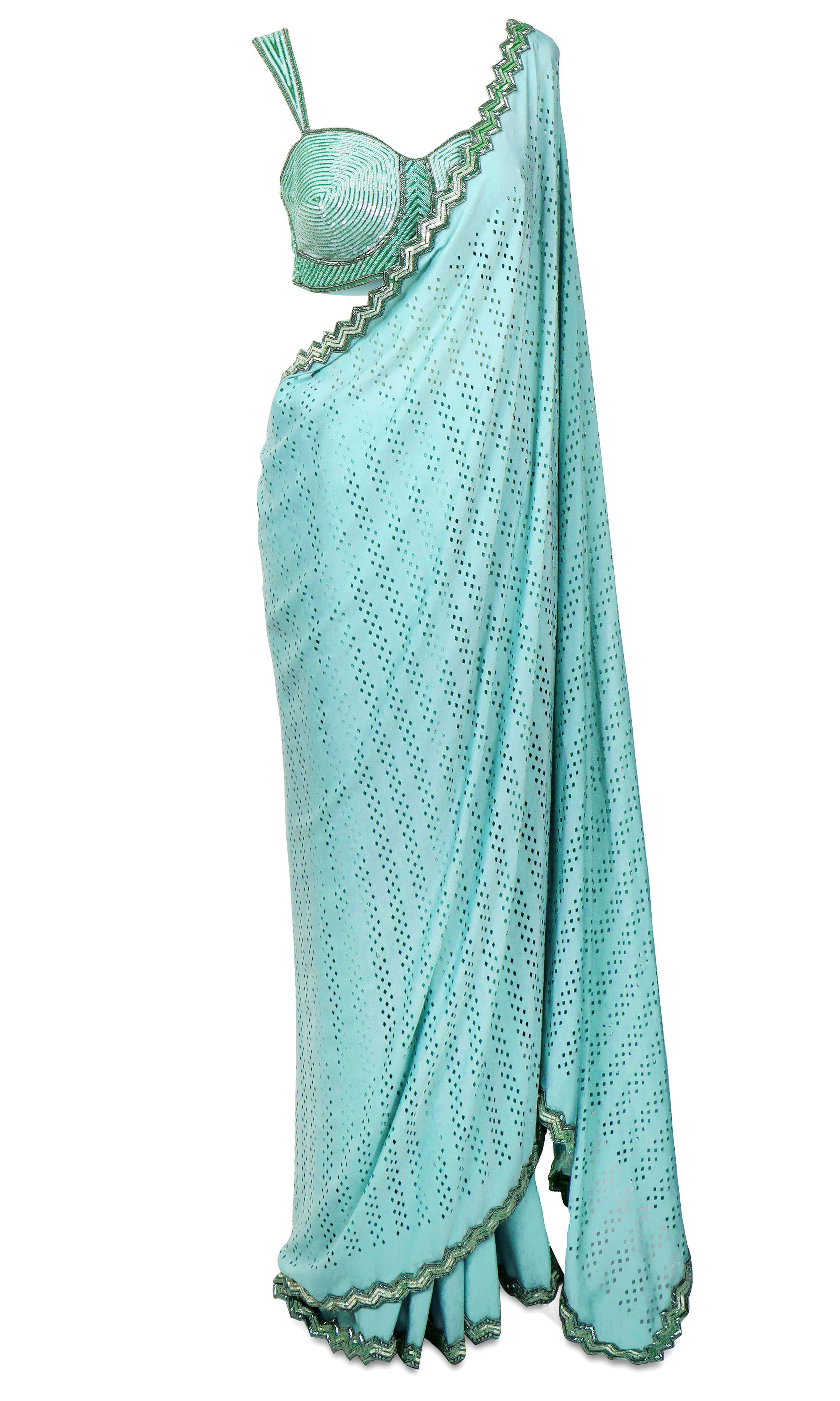 Aqua blue scalloped saree with crepe base & hand embroidery. Paired with a matching sea shell style sequined blouse.