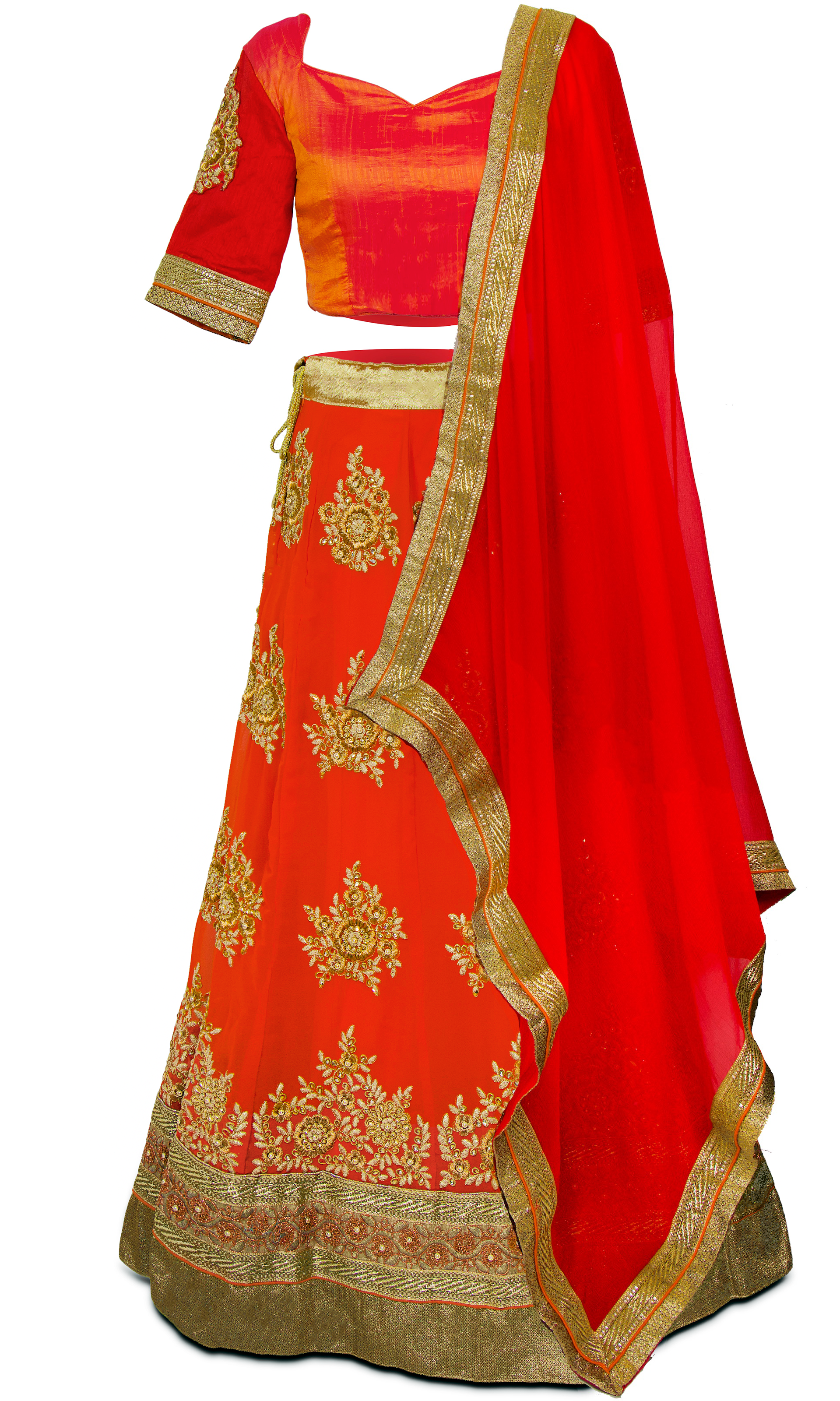 3-piece orange/red shiny silk Lehenga with stunning gold embroidery all throughout