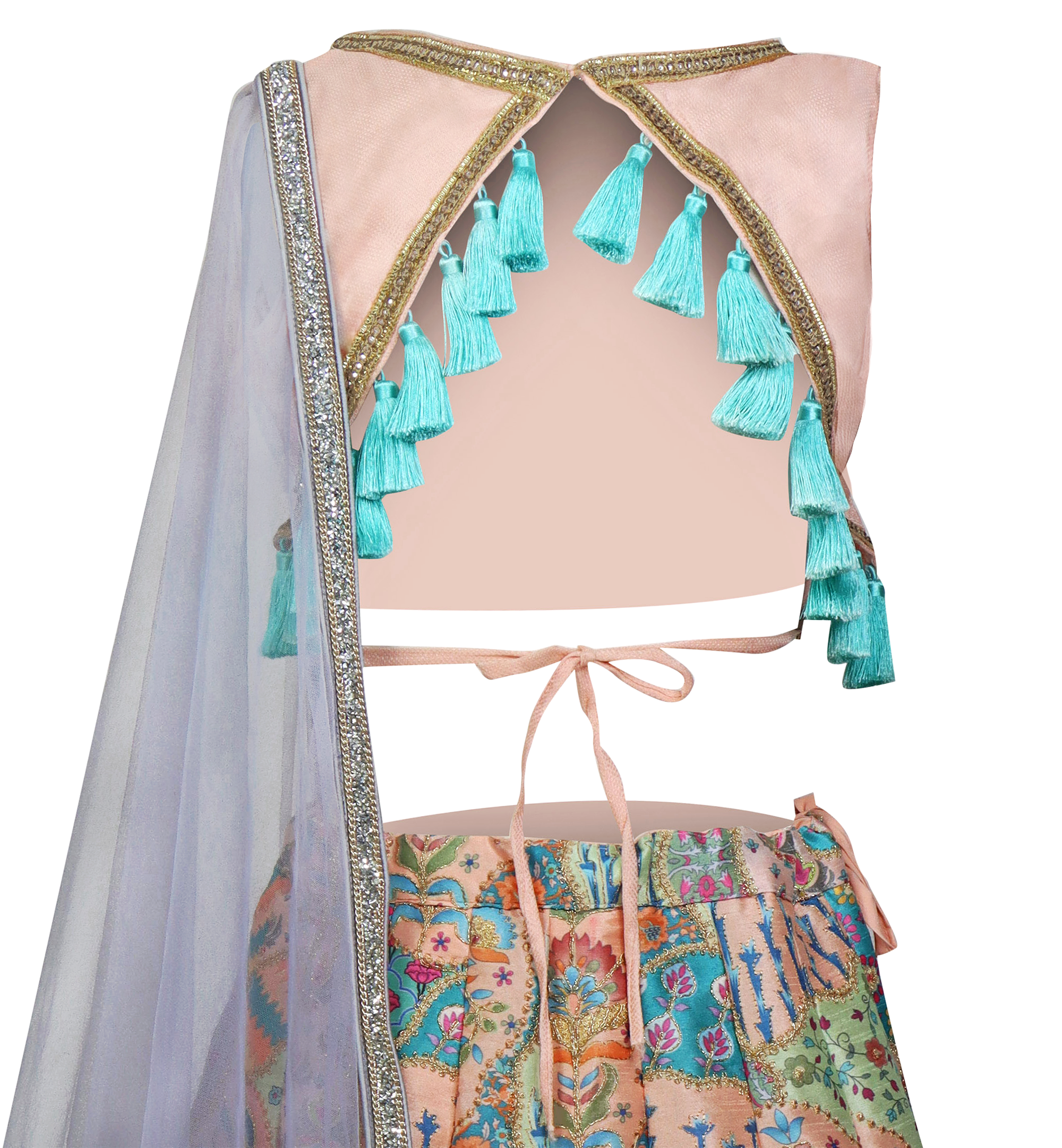 Stunning midi length skirt custom piece paired with blouse that has gold and silver embroidered beading border with a unique open back decorated with blue tassels.