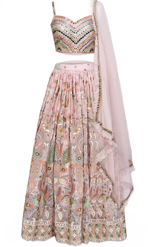 Multicolored resham and sequins Georgette Onion pink lehenga, matching crop top.