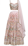 Multicolored resham and sequins Georgette Onion pink lehenga, matching crop top. 