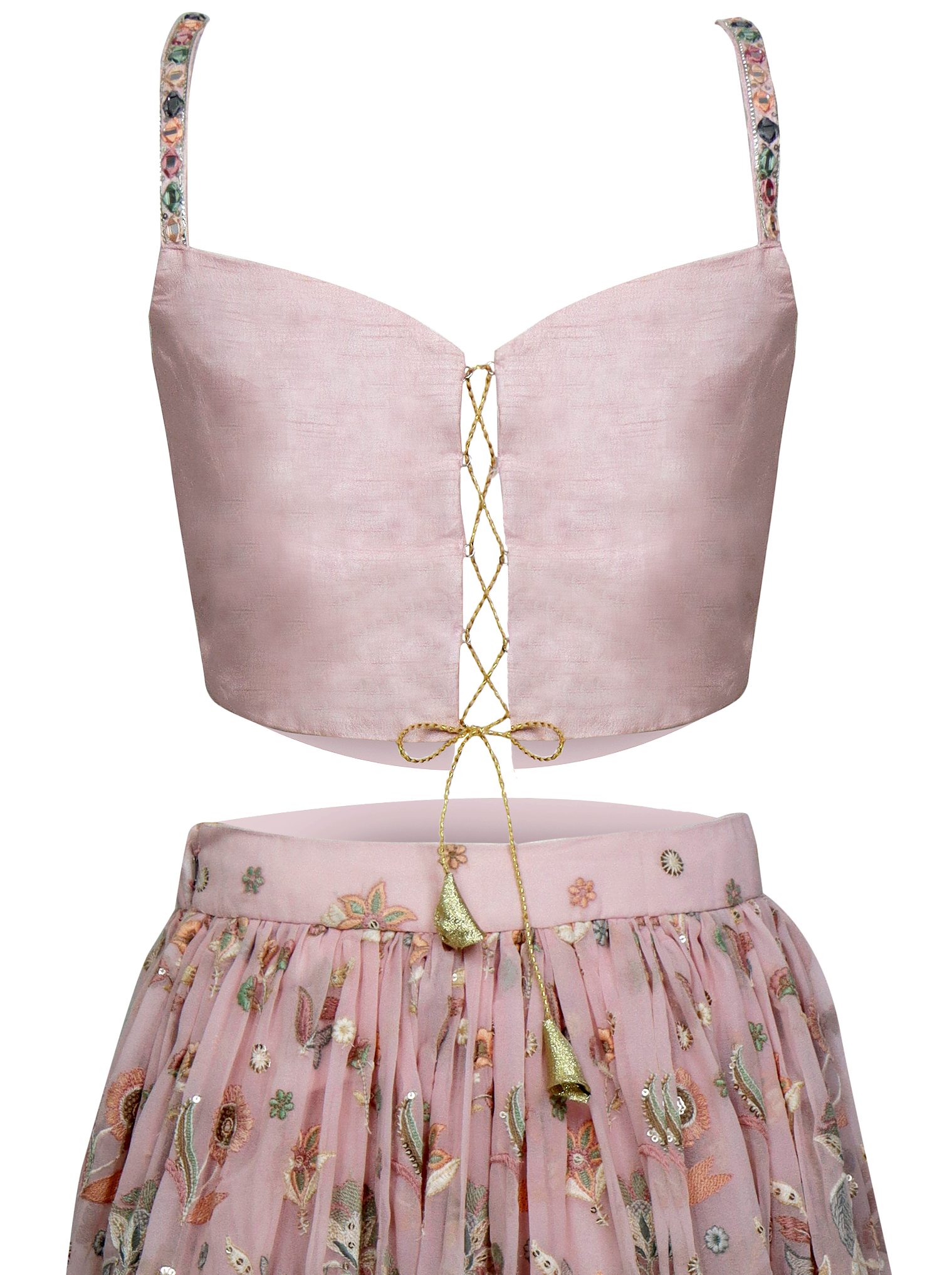 Pink lehenga in georgette with sequins, ruffle net dupatta & adjustable sleeveless top.
