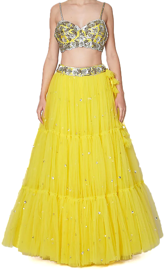 Gorgeous bright yellow designer lehenga by Preeti S Kapoor, matching blouse & tulle dupatta.