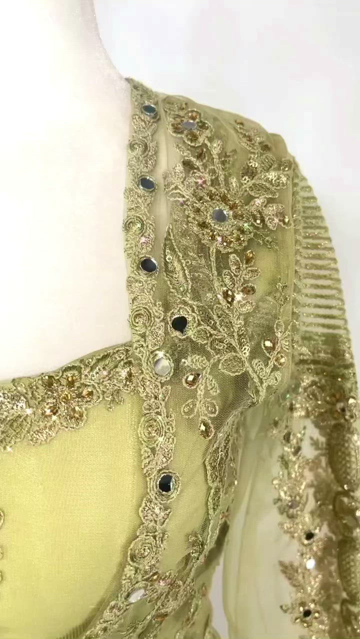 Shimmering lime green Anarkali Lehenga with blouse, skirt, dupatta, & cover up. 