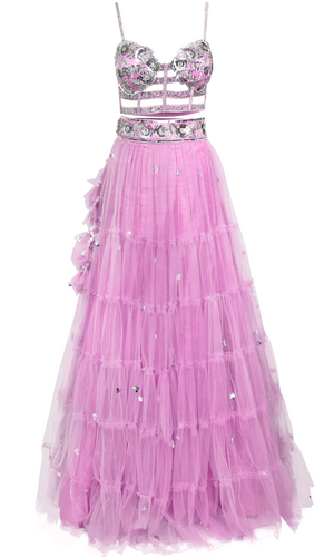 A lavender designer lehenga by Preeti S. Kapoor paired with a matching blouse and a tulle dupatta.