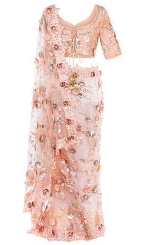 Ready-made and pre-pleated saree with a net and lace  in hand-made floral appliqué, beadwork and sequins.