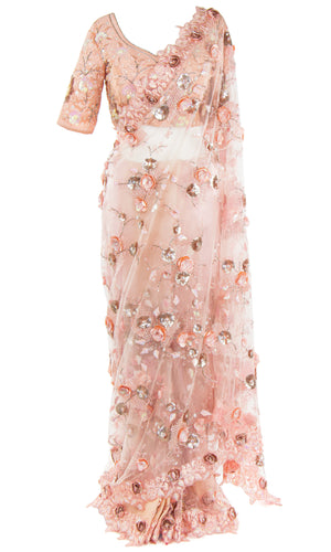 Pre-stitched pink net lace Saree with beautiful beadwork & hand-made floral appliqué beadwork.