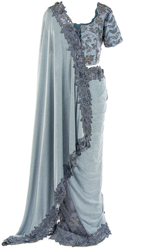 Gray Saree with  pre-pleated Matching petticoat is included, paired with a smooth shimmering Saree.