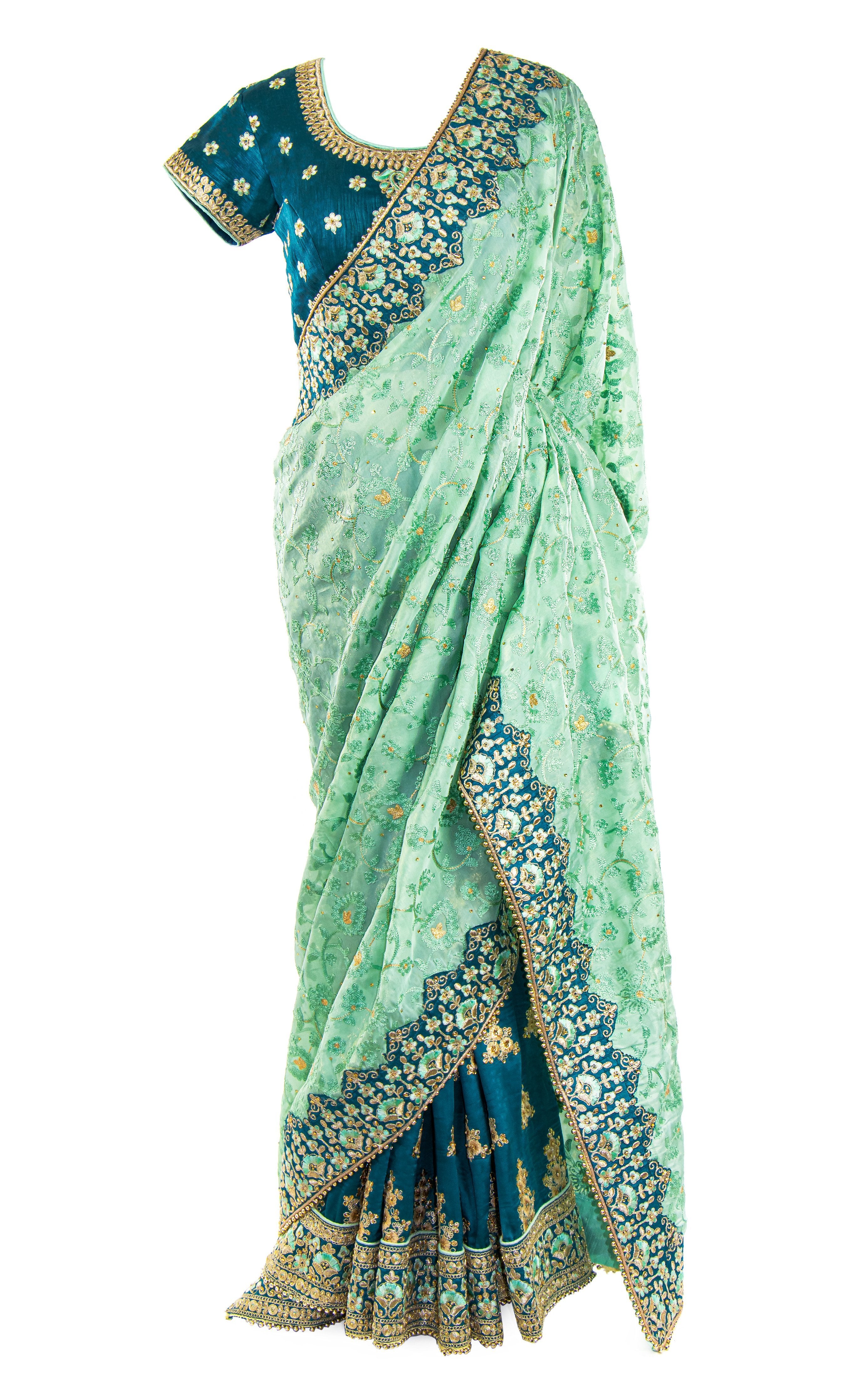 Sea green pre-stitched silk Saree featuring an intricate patchwork border.