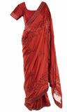 Pre-pleated burgundy Saree with beautifully embroidered cuff classic top & has an elegant vine design & stonework  