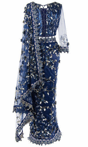 This navy sequined blouse has full see-through sleeves, Matching petticoat is included.