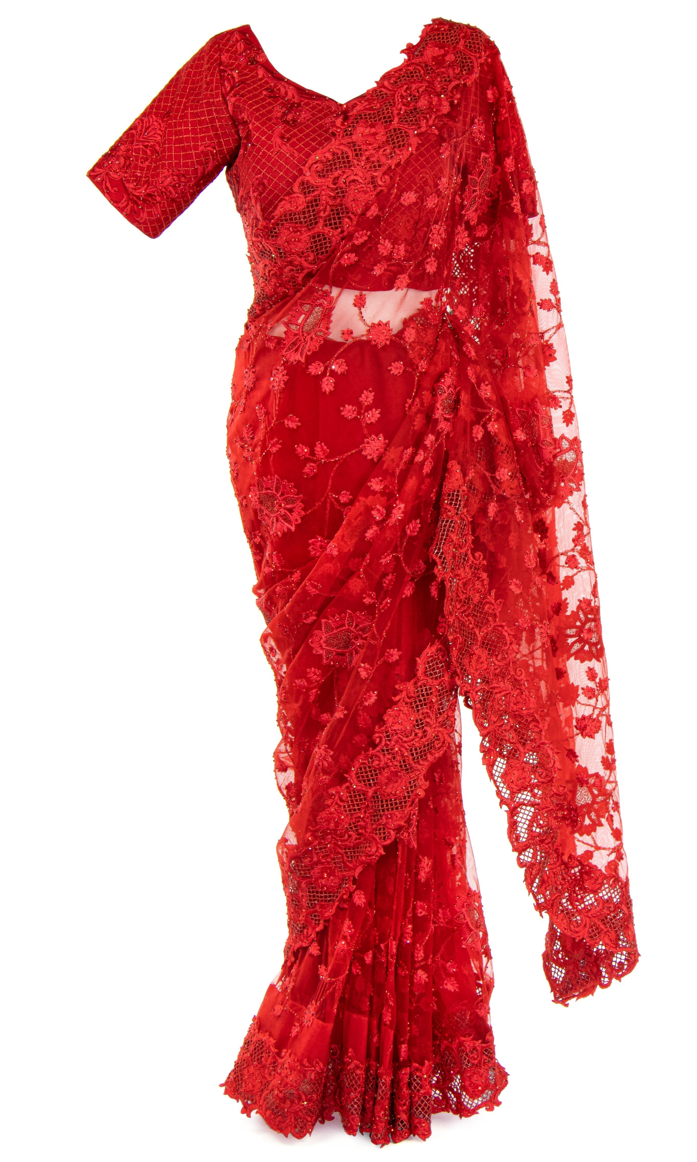 Saree is pre-pleated for your convenience. Matching petticoat is included, red silk and net Saree.
