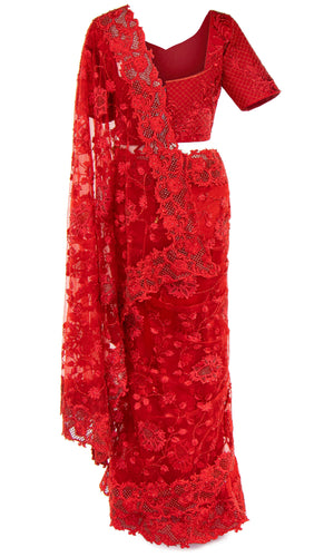 Red Net Sari Matching petticoat is included, this gorgeous red silk and net Saree, embellished with intricate floral.