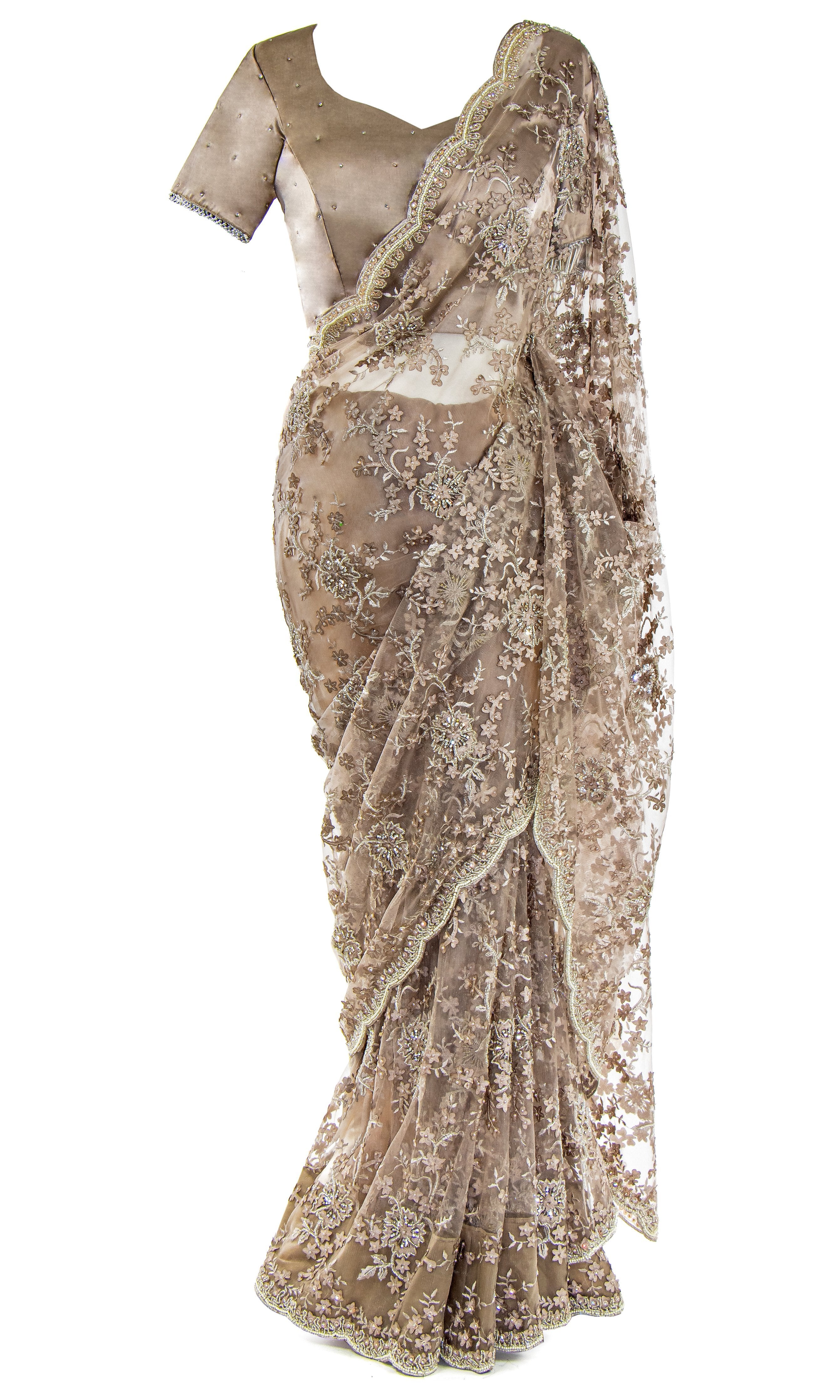 Saree is pre-pleated, matching petticoat is included. embroidered with stunning floral patterns.