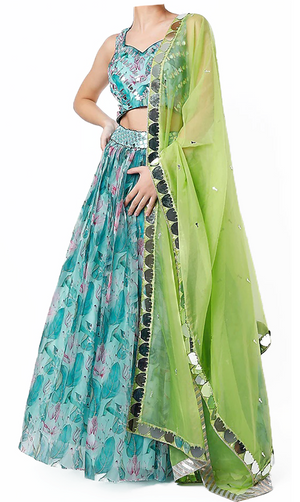 Sky blue multi-color floral lehenga by Izzumi Mehta with mirror work on blouse, skirt waist & dupatta