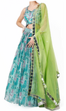 Sky blue multi-color floral lehenga by Izzumi Mehta with mirror work on blouse, skirt waist & dupatta