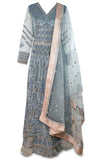 Dusty blue/grey net anarkali suit with matching bottom and dupatta & embroidered floral patterns