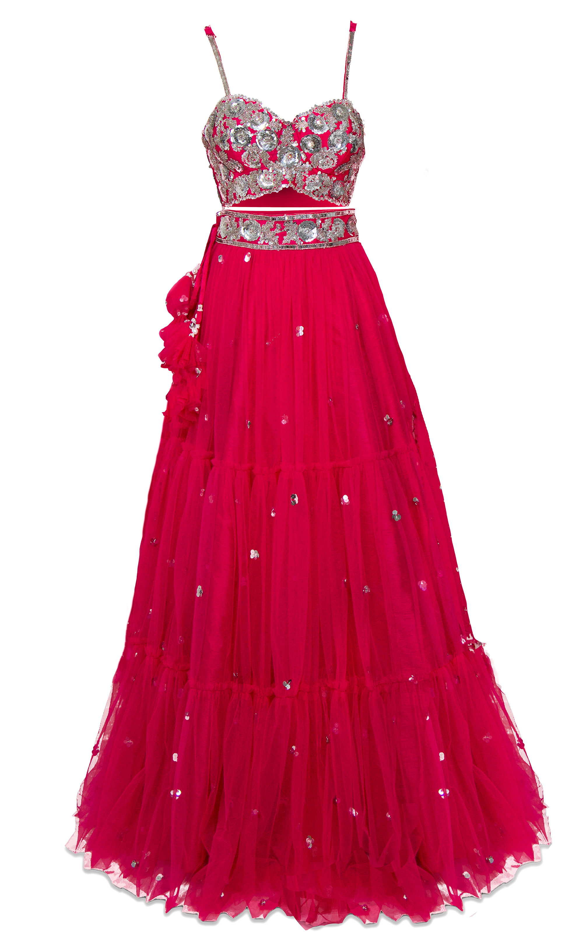 Fuchsia 3 piece designer lehenga with silver sequins, matching sleeveless blouse & dupatta by Preeti S Kapoor