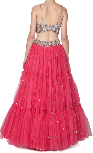 Fuchsia 3 piece designer lehenga with silver sequins, comes with matching blouse & tulle dupatta by Preeti S Kapoor