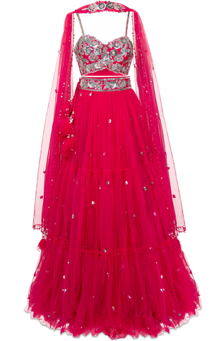 Fuchsia designer lehenga by Preeti S Kapoor with a matching blouse  & tulle dupatta