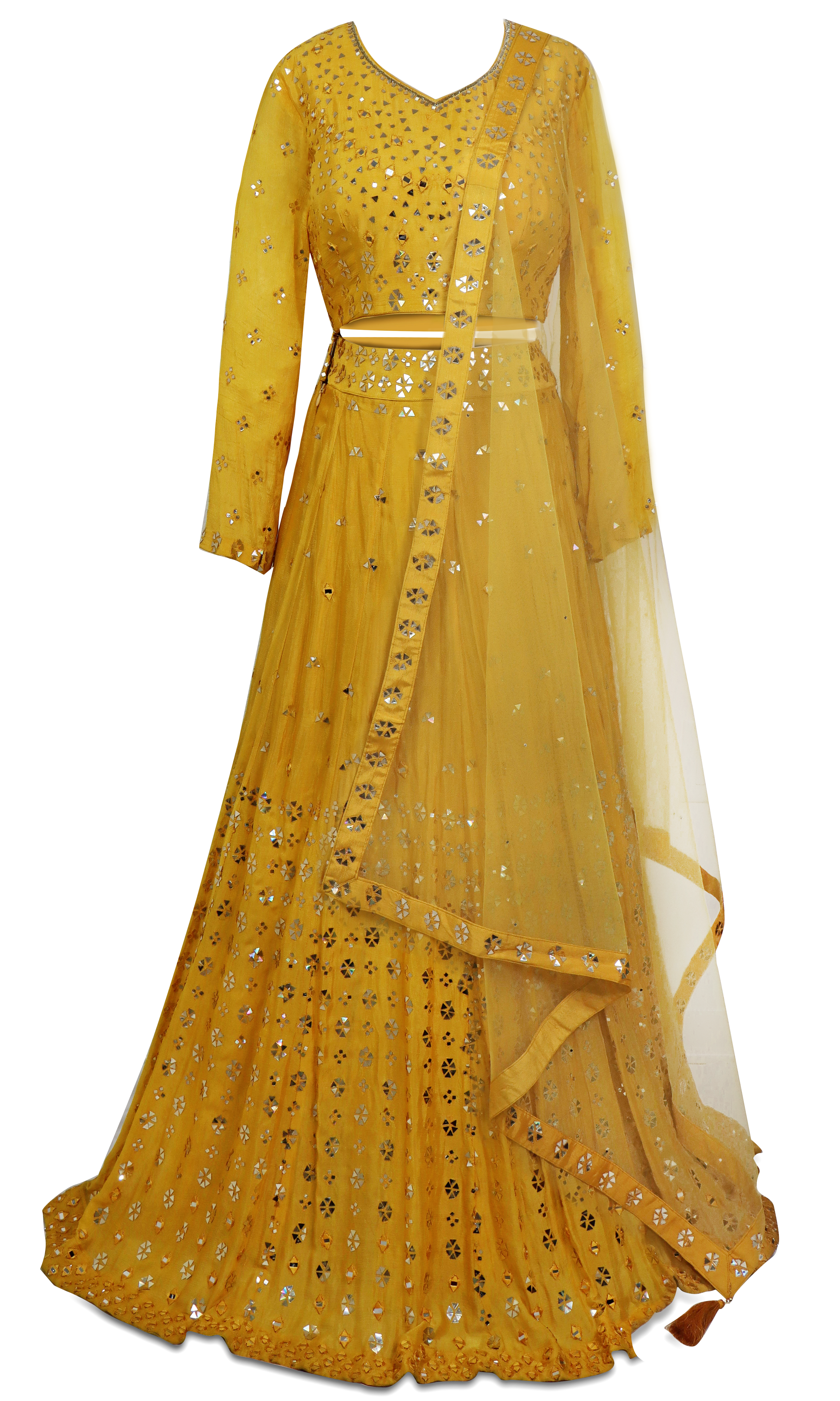 3 piece Yellow lehenga with mirror work embroidery