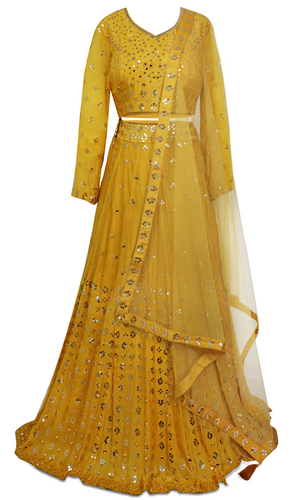 3 piece Yellow lehenga with mirror work embroidery