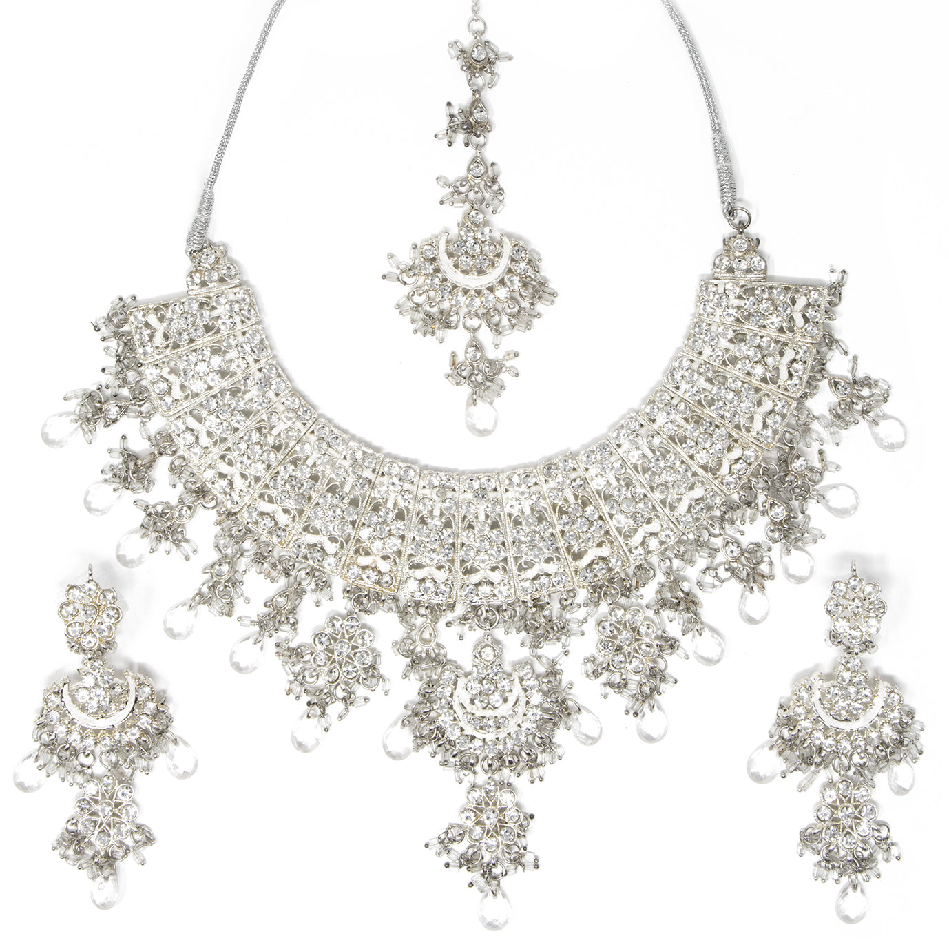 Silver 3 piece jewelry set with earrings and forehead piece