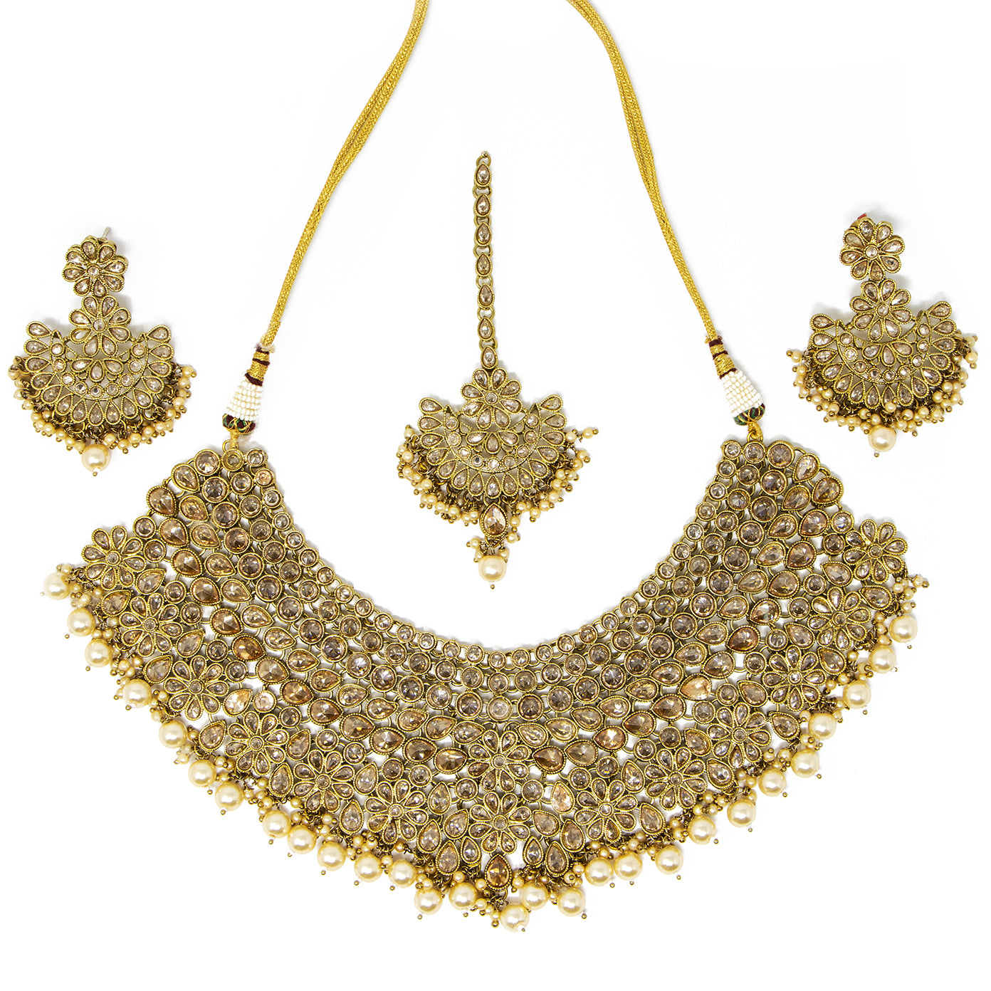 Champagne and gold Set of three pieces: a necklace, earrings, and bindi (forehead piece)